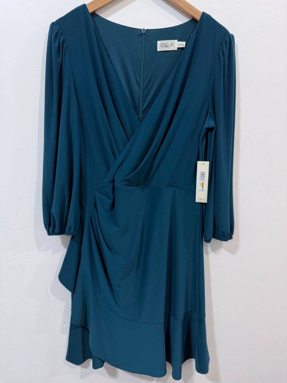 Eliza J NWT Teal Faux Wrap Deep Surplice V-Neck Asymmetrical Midi Dress Size 14